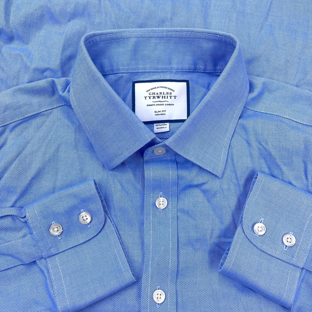 Charles Tyrwhitt Shirt Men 16.5 33 Blue Button‎ Up Slim Fit Oxford Cloth Dress L